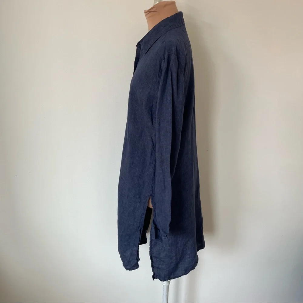 Eileen Fisher Washed Organic Linen Délavé Dusk Blue Button Down Long Shirt XXS